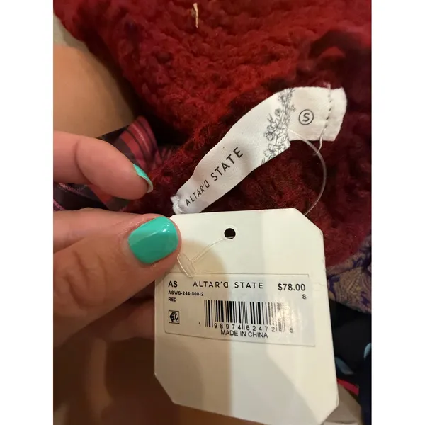 NWT Altar'd State Burgundy Textured Sweater Plaid Bow Open Back Size Small - Image 3