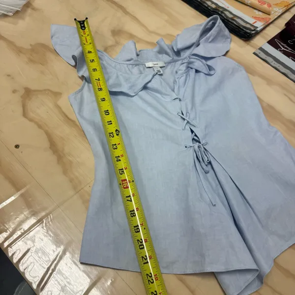 🍁 Lewit Linen Cotton Lace Up Ruffle Sleeveless Blouse Summer Boho Light Blue Sm - Image 13