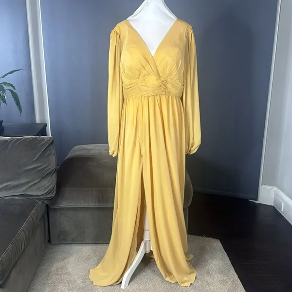 Women’s Full Length Long Sleeve Chiffon V-Neck Formal Dress Corset Back Size 16 - Image 3