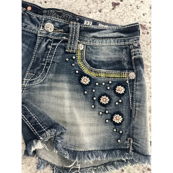 Miss Me floral embellished distressed denim cut-off shorts 27 - Image 2