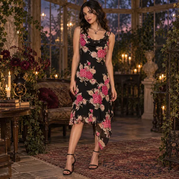 Y2K Studio Connection Slip Floral Dress Sz M Whimsigoth Asymmetrical Hem Bead - Image 13