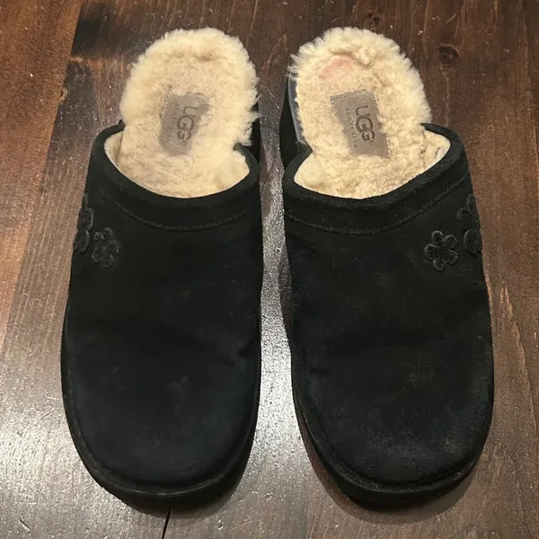 UGG Clog Mule Black Suede 9 Shearling Platform‎ Floral S/N 5304 Chunky Y2K Retro - Image 3