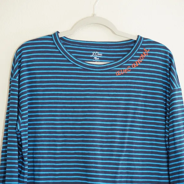 J. Crew Size Small Striped Long Sleeve Tee Navy Blue Avec Amour Embroidered - Image 2
