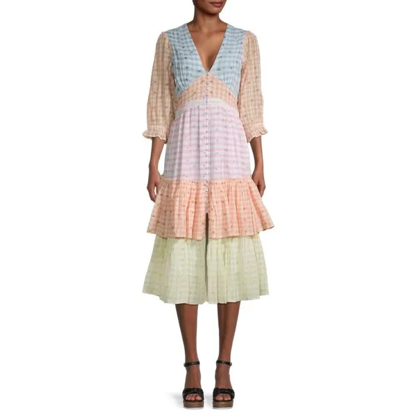 LoveShackFancy Ollie Floral Tiered Cotton Midi Dress Boho Check Size 2 - Image 2