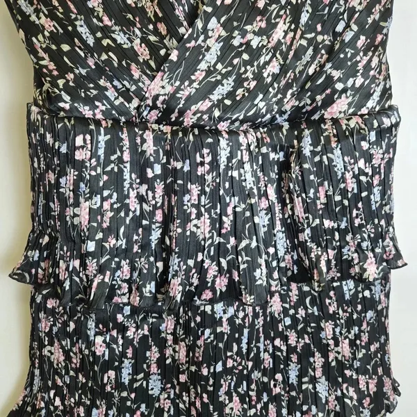 Lulus Quaint Cute Black Floral Pleated Tiered Mini Dress Lined XL New - Image 7