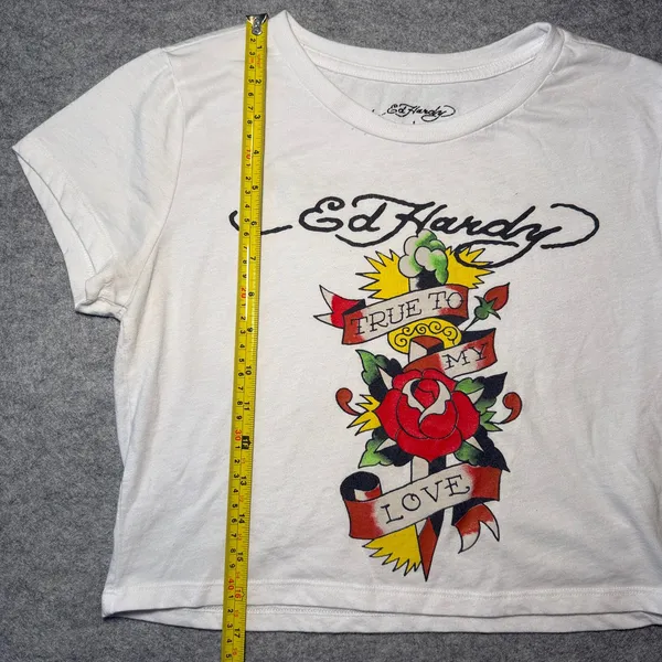 Ed Hardy Women L Crop Top Graphic Tattoo Rose Dagger Black White - Image 5