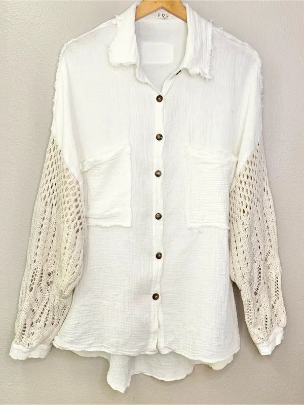 POL Openwork Crochet Lantern Sleeve Cotton Gauze Oversized Button Shirt Jacket - Image 10