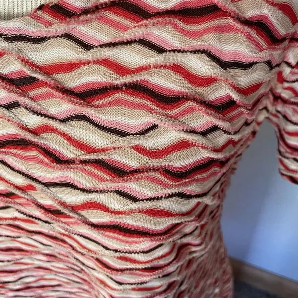 Vintage 90s Textured Wavy Maxi‎ Dress Red Pink Chevron Stretchy Retro Fall L - Image 7