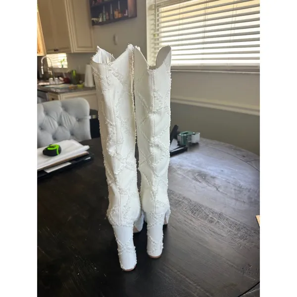 White Frayed Denim Quilted Platform Knee High Boots Pointed Toe Block Heel 8.5 - Image 12