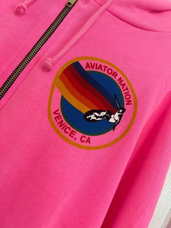 Aviator Nation Full Zip Hoodie Unisex Neon Pink Long Sleeve Pockets Logo Print L - Image 9