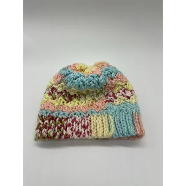 Handmade Knit Hat Beanie Womens One Size Multicolor Pom Bobble Chevron Winter - Image 6