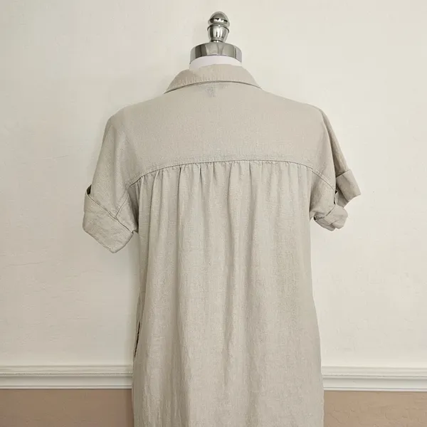 Well Worn Linen Blend Button Down Shirt Dress Short Sleeve Beige Pockets Small - Image 8