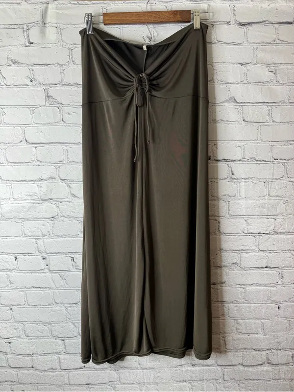 Free people dark green olive Drawstring Waist Maxi Skirt slinky ruched medium - Image 2
