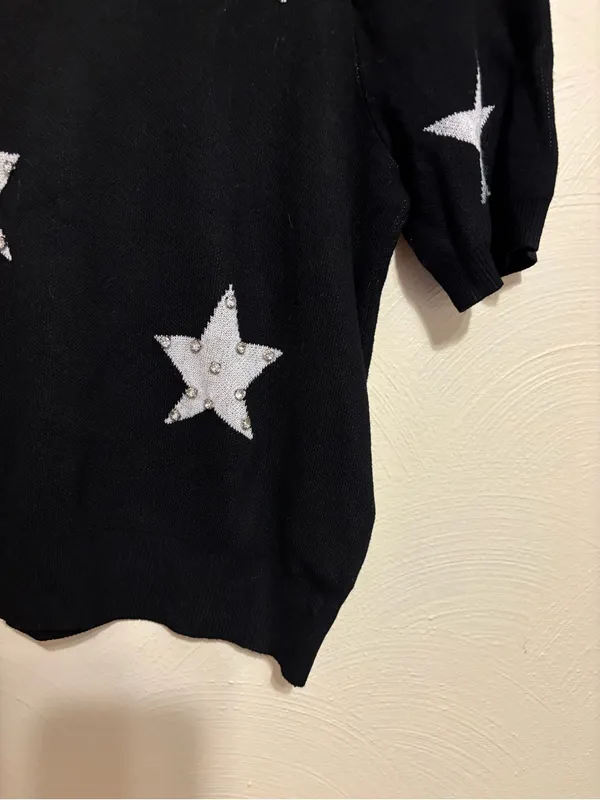 Nanette Lepore Black Short Sleeve Crewneck Sweater with Silver Star Accents - Image 7