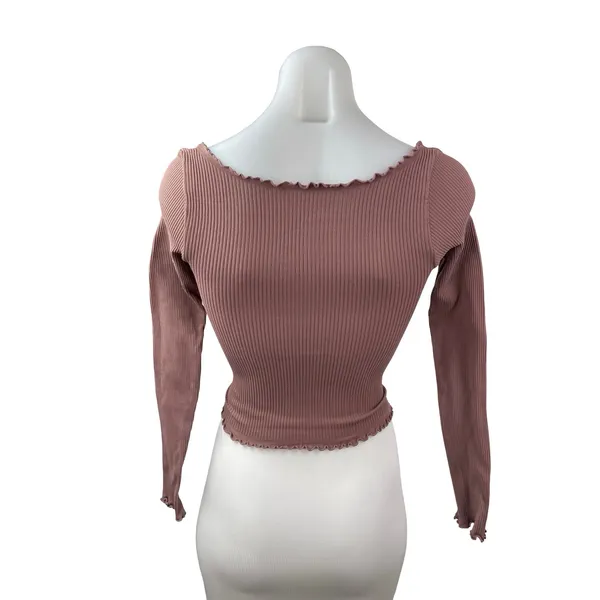 Free People FP Movement Nude Pink Lettuce Rib Knit Long Sleeve Crop Top Sz XS/S - Image 5