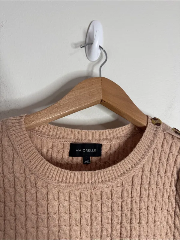 MAJORELLE Revolve Cable Knit Puff Short Sleeve Sweater Tan Button Shoulder sz S - Image 7