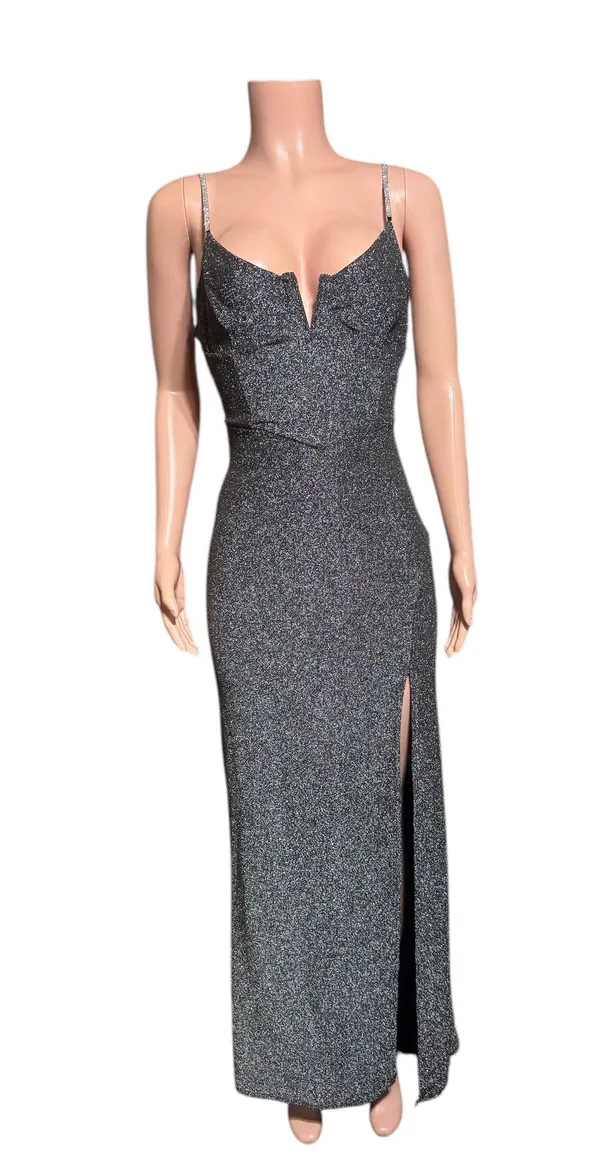 Black sparkly maxi dress with plunging neckline and side split #glamour M - Image 2