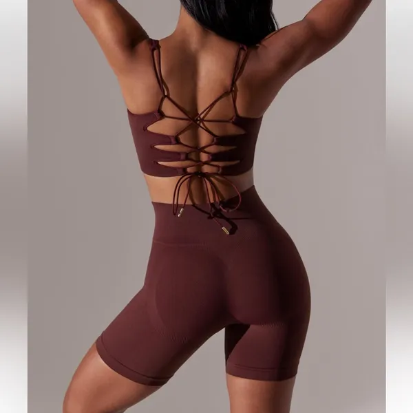 Boutique Burgundy Brown Ribbed Biker Sculpting Shorts - Image 2