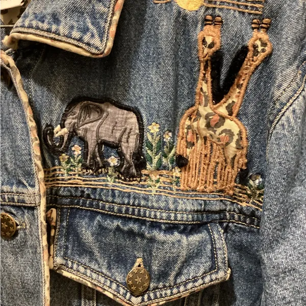 Embroidered Denim Jacket with zoo animal embroidery large - Image 3