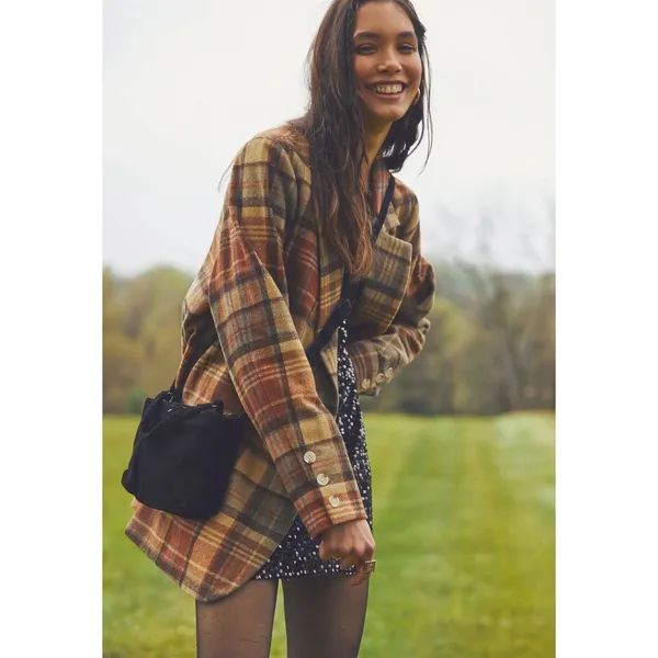 Free People Wool Mari Tartan Plaid Blazer Winter Wheat Large Dark Academia - Image 3