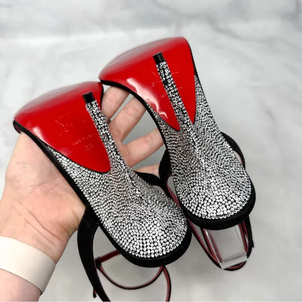 Christian Louboutin Arch Queen Strass Suede Stiletto Sandal Heels Sexy Black 38 - Image 12