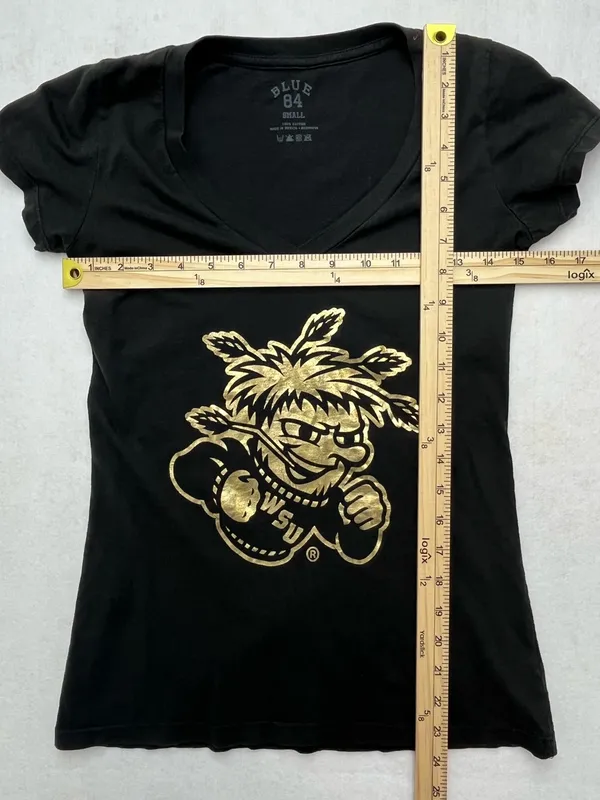 Blue 84 Wichita State Shockers Women’s Graphic V-Neck Black/Gold T-Shirt Small - Image 7