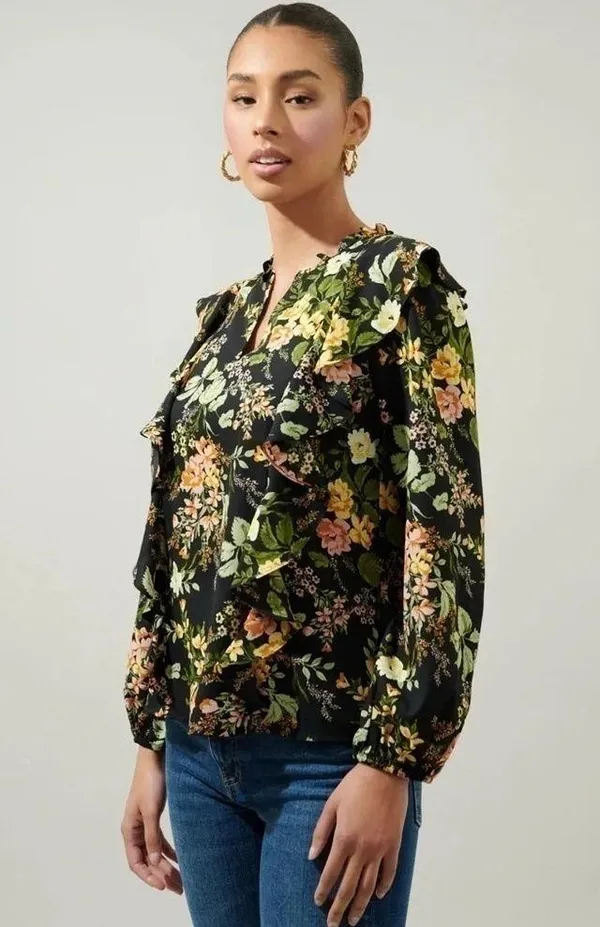 Sugarlips Night Bloom Wilhem Ruffle Blouse - Black Multi - Image 3