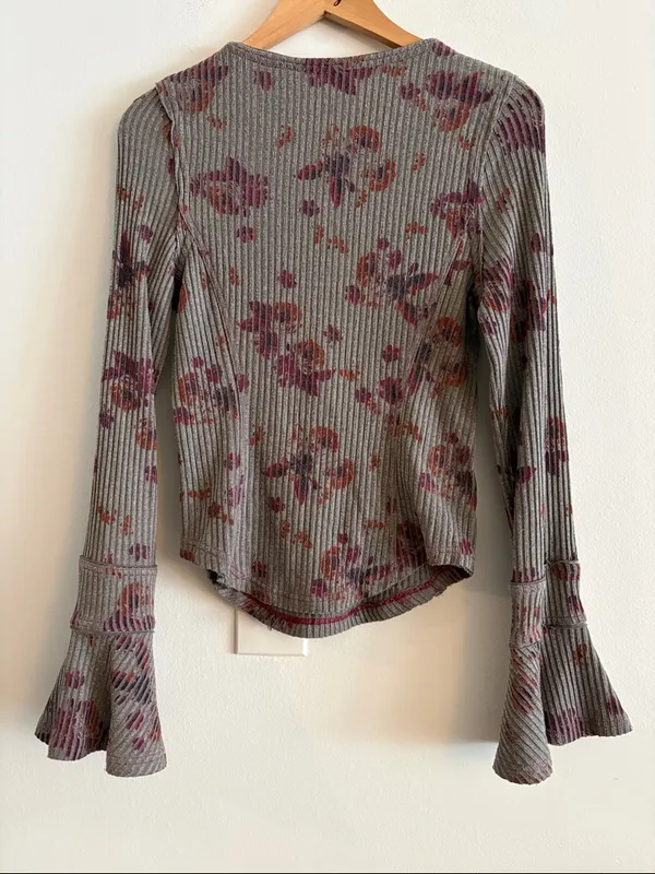 Free People Layer Me Floral Ribbed Henley Top Women’s Size Medium - Image 2