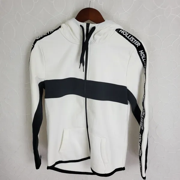 Hollister Full Zip‎ Hoodie Womens X-Small Black White Spell Out Sleeves Sporty - Image 13