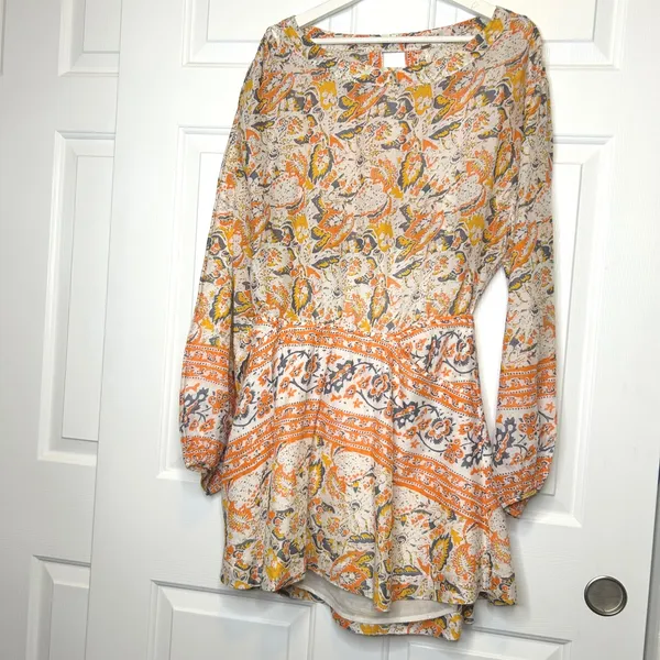 Free People Sun Print Paisley Cutout‎ Mini Dress Orange Yellow Gray Size M - Image 3