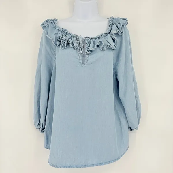 Lauren Ralph Lauren Chambray Womens Top Sz M Ruffle Peasant Boho Coastal Cottage - Image 2
