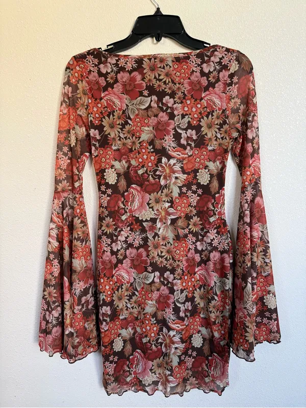 Y2K Floral Mesh Mini Dress Bell Sleeves Ruched Bust Boho Fairycore Grunge Size S - Image 6