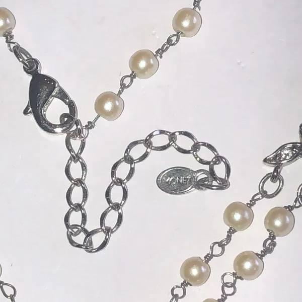 Monet Elegant Faux Pearl and Silver Tone Dainty Beaded Necklace - Image 4