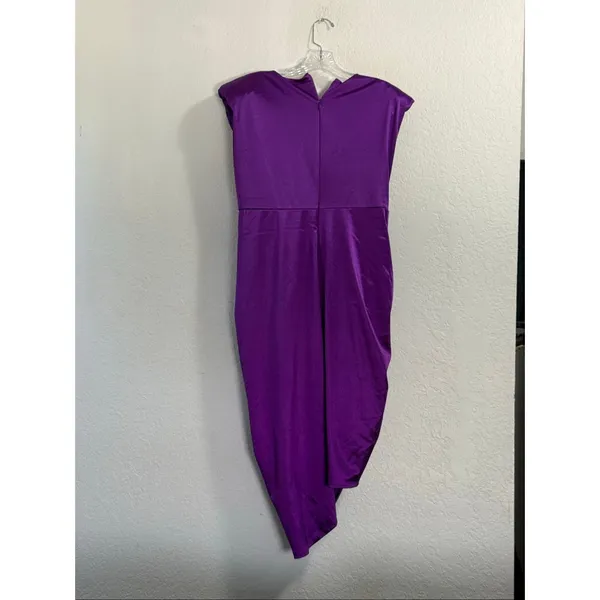 Purple Express Satin Padded Shoulder Ruched Asymmetrical Mini Dress L - Image 4