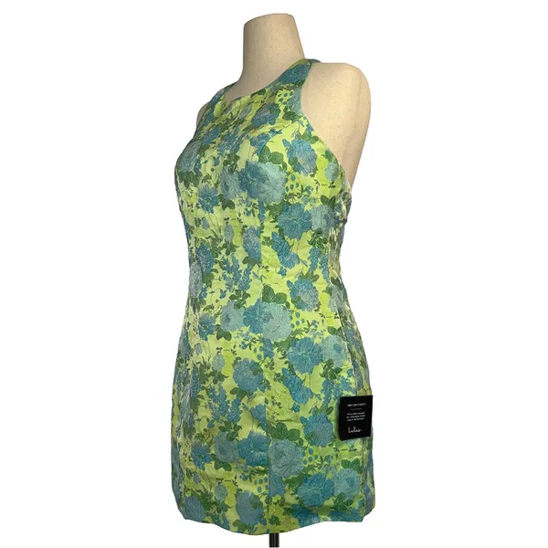 Lulus Ariadna Green and Blue Floral Jacquard Halter Mini Dress - Image 3