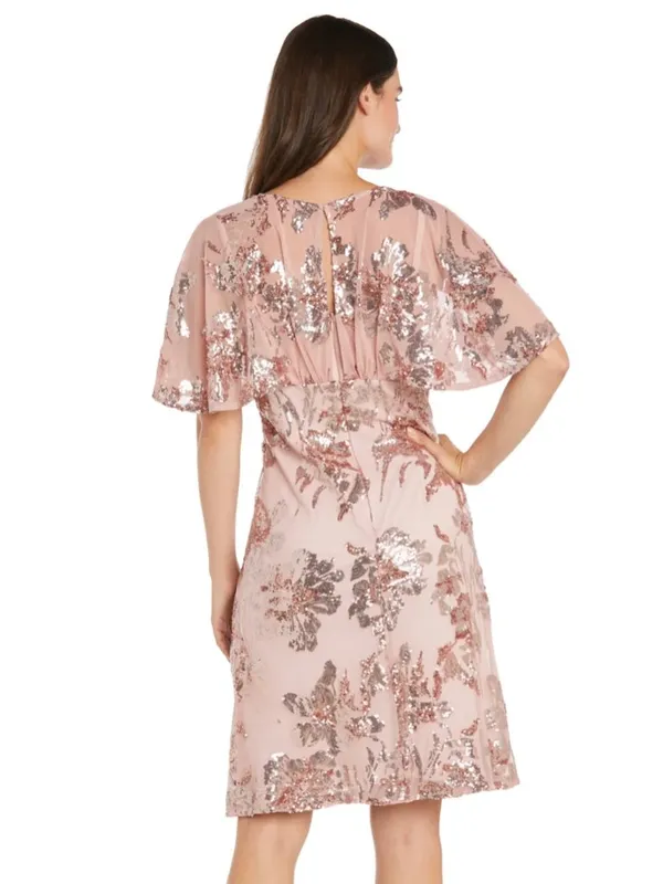 NWT R&M Richard Sequin Floral Cocktail Dress with Sheer Overlay Cape Rose 12P - Image 3