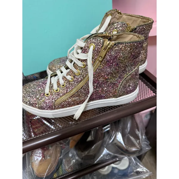 Steve Madden Earnst-G Pink Gold Glitter High Top Sneakers Womens 7.5 Zipper - Image 2