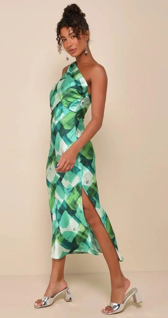 NWT Lulus Iconic Presence Green Abstract Satin One-Shoulder Mini Dress in Size M - Image 3
