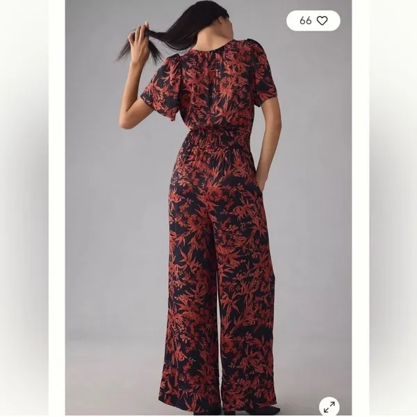 Anthropologie The Somerset Floral Jumpsuit Satin Red Small Wedding Festival Chic - Image 2