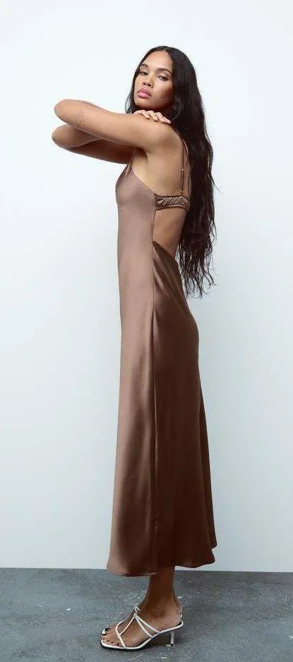 ZARA dress midi maxi satin wedding chocolate brown party cocktail - Image 26