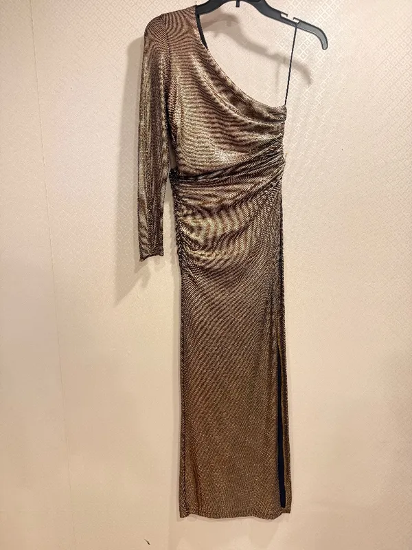 NWT Zara Metallic Bronze One Shoulder Ruched High Slit Asymmetrical Maxi Dress S - Image 4