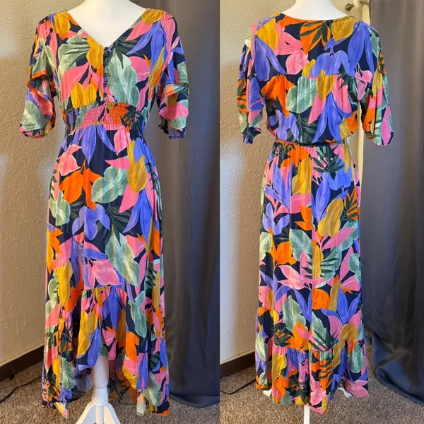 Abel The Label Tropical Floral High Low Maxi Dress Smocked Waist Womens Small‎ - Image 2