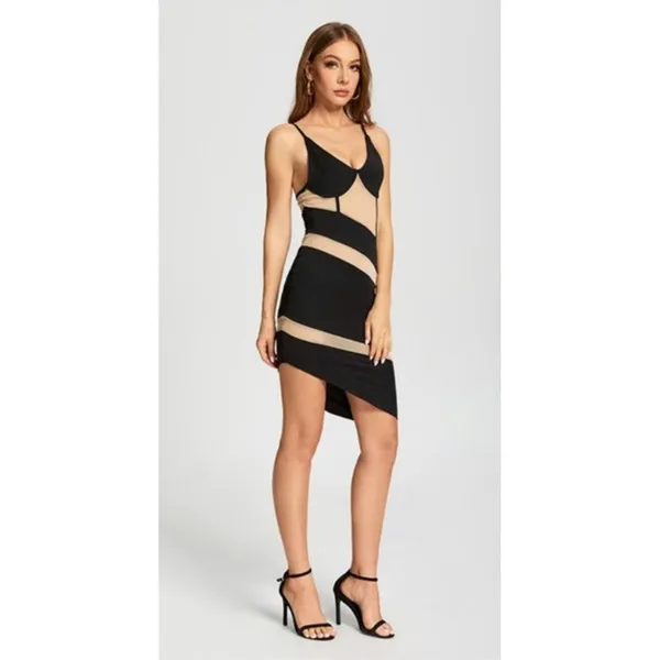 Mesh Asymmetrical Semi Sheer Dress in Black & Nude - Image 4