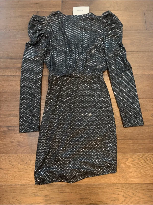 o.p.t Black Sparkle Long-Sleeve Wrap Mini Dress Size Small NWT - C61-025 - Image 10