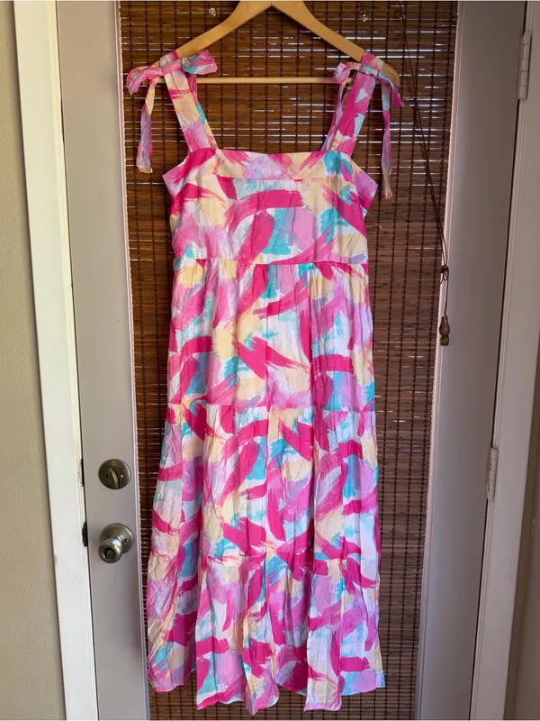 Blu Pepper Brush Stroke Print Tiered Midi Dress Size Medium NWT - Image 6