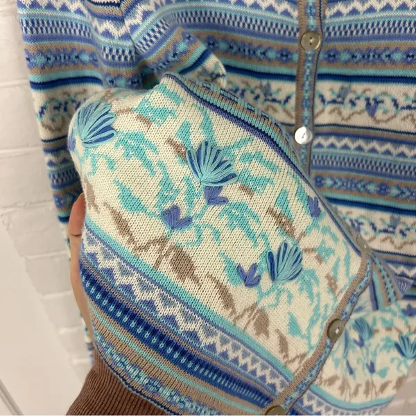 Blue Patterned Knit Cardigan Sweater Size L - Image 6
