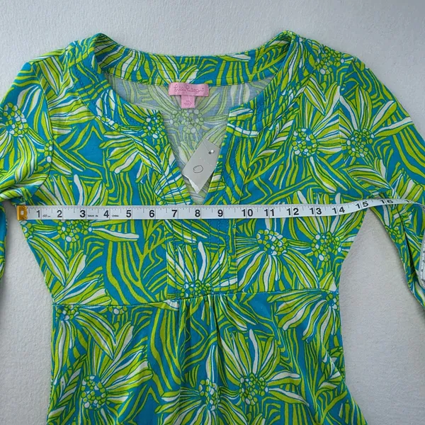 Lilly Pulitzer Silk Cotton Floral Bell Sleeve Dress Blue Green XS 96212 - Image 8