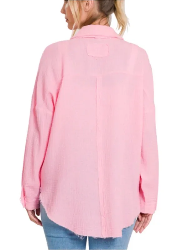 Zenana Pink Double Gauze Waffle Raw Hem Button Up Shirt - Image 2