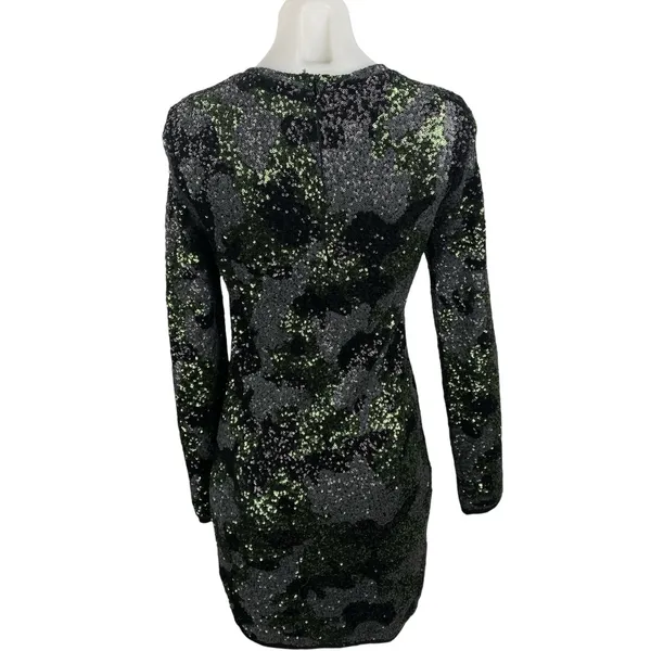 Zara Black Green Camo Sequin Sparkly Long Sleeve Crew Neck Mini Bodycon Dress M - Image 4