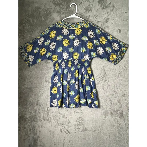 Vintage Y2K Bohemian Floral Kimono Short Sleeve Empire Waist Peplum Tunic Small - Image 3